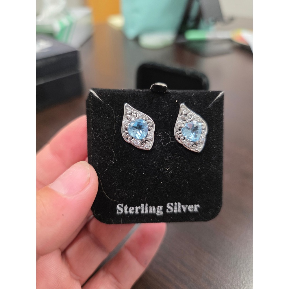 Sterling Silver Blue Topaz Heart Filigree Marquise Stud Earrings Vintage Style - Picture 14 of 16